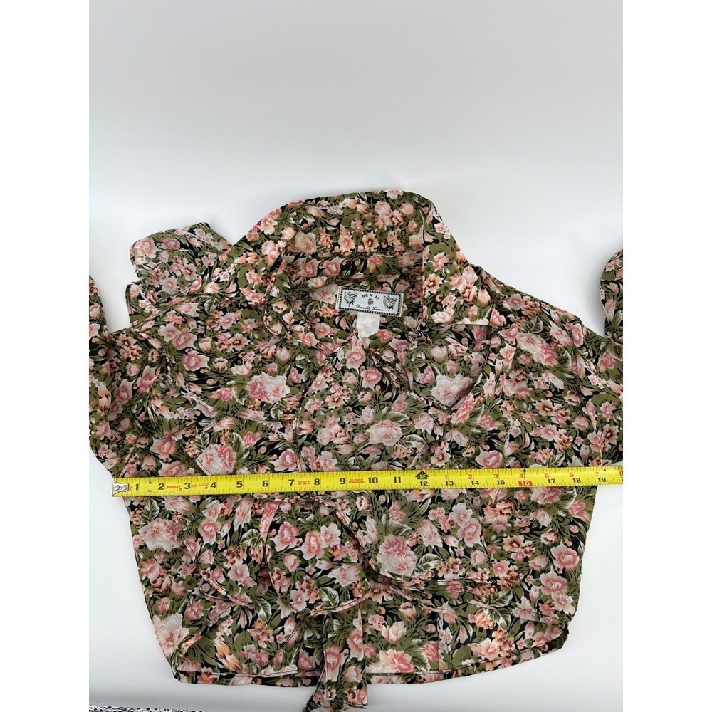 Vintage 90s Floral Tie Front Crop Top Bell Sleeve Ruffle Festival Boho Small - Picture 8 of 10